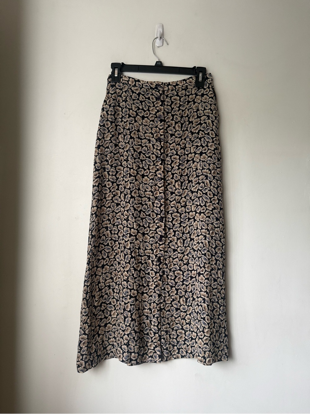 Vintage 90s Rena Rowan Black Floral Print Button Front Midi Skirt 10